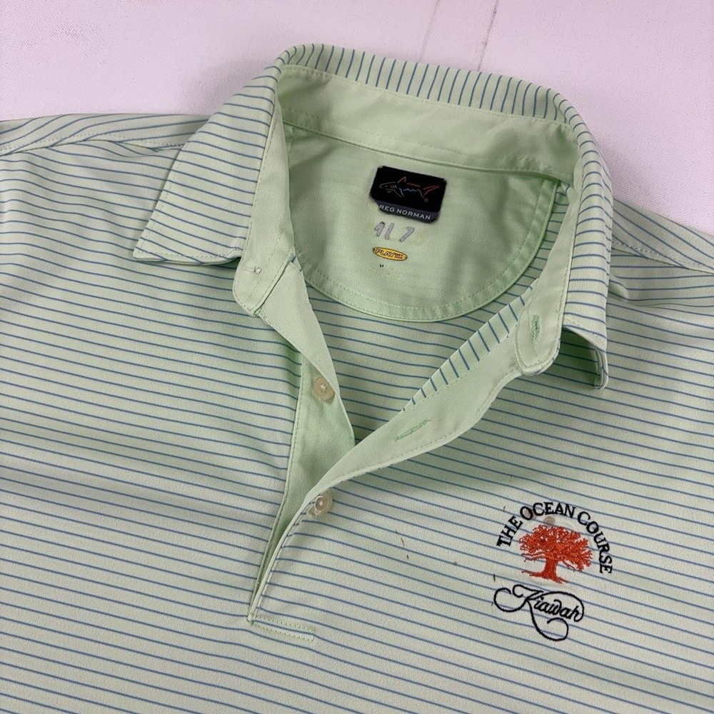 Greg Norman PlayDry Polo Shirt Mens Large Green Striped Ocean Course Kiawah Golf